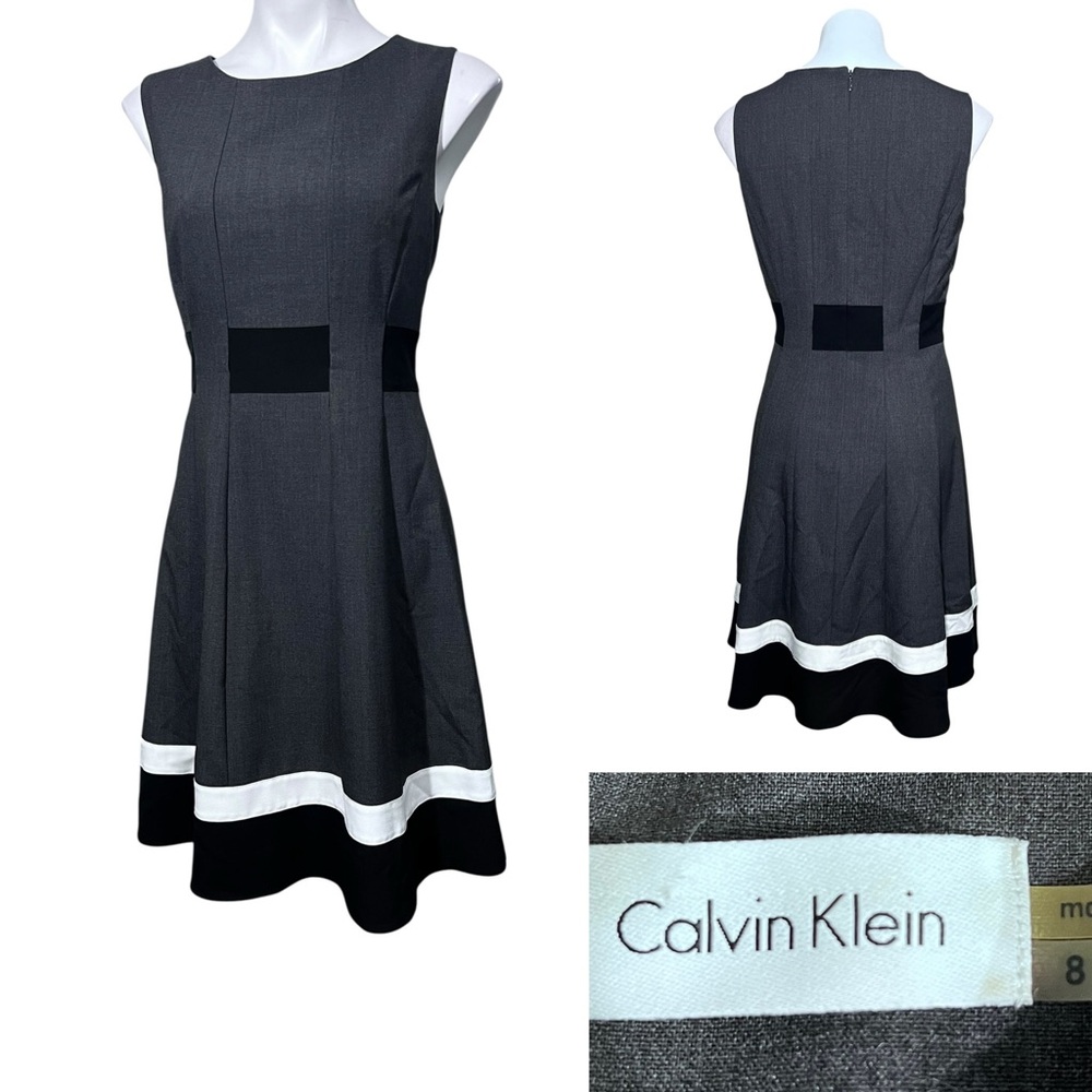Calvin Klein dress sz 8 gray/White A-line knee length office church - Picture 1 of 6
